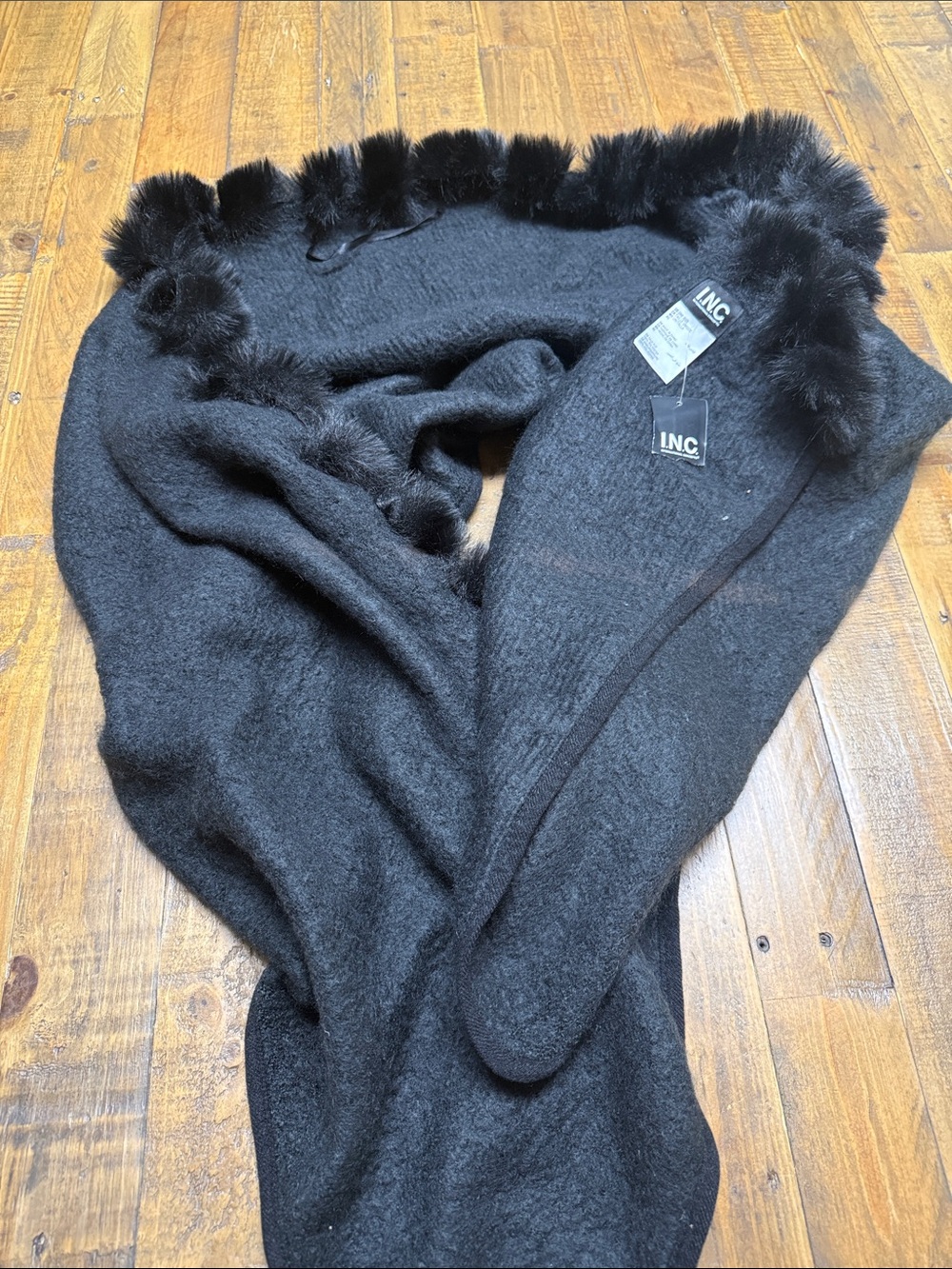 INC International Concepts Black Faux Fur-Trim Knit Scarf